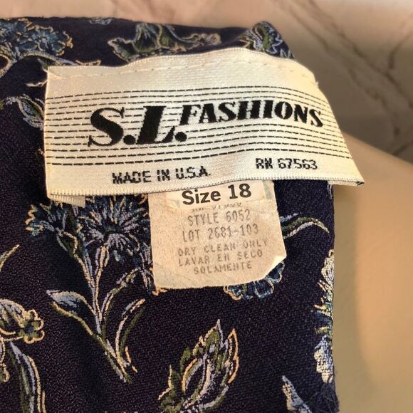 Vintage SL Fashions Blue Floral Belted Dress 1980s Size 18 Fits Much Smaller - Picture 8 of 10